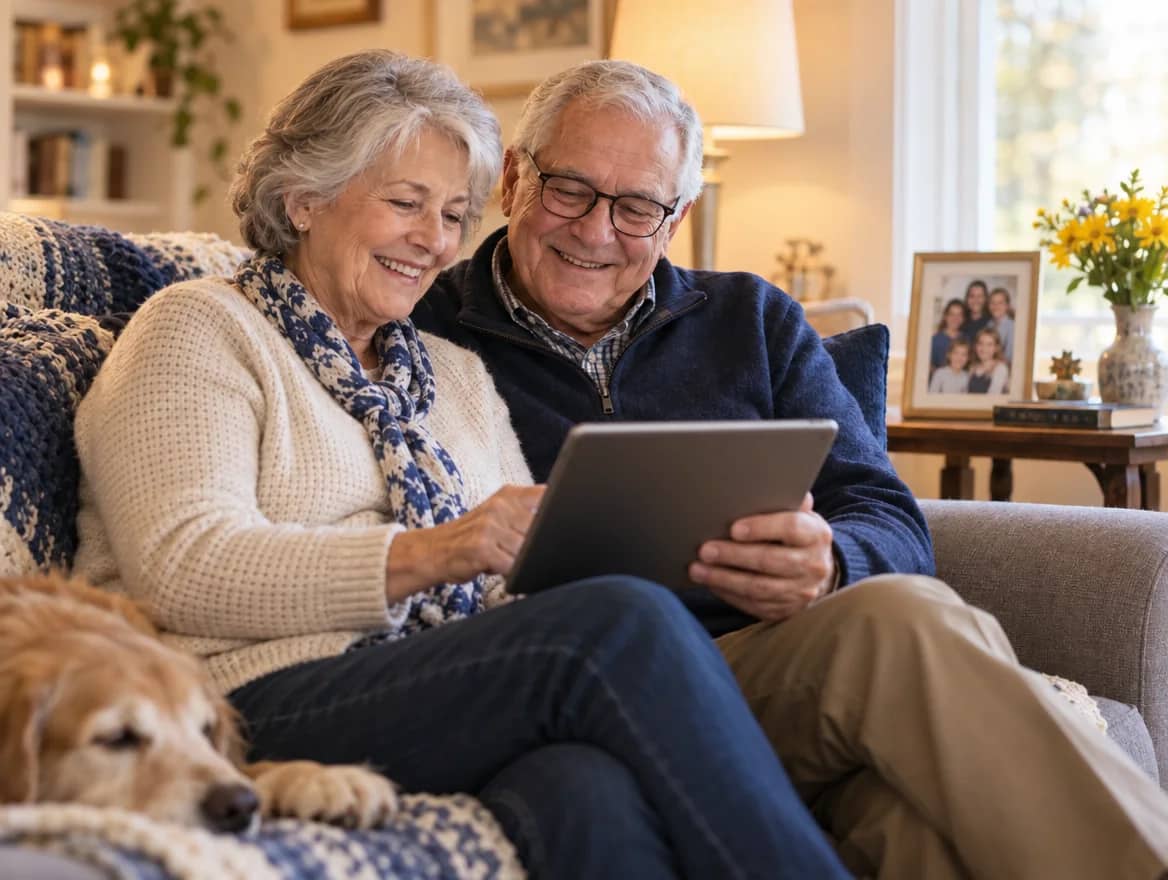 A grandmother looking at photos on a phone with help from her granddaughter