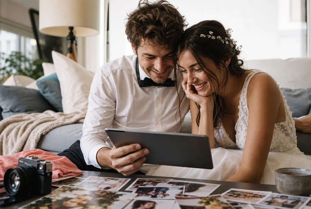 Newly married couple browsing their wedding gallery on a tablet at home