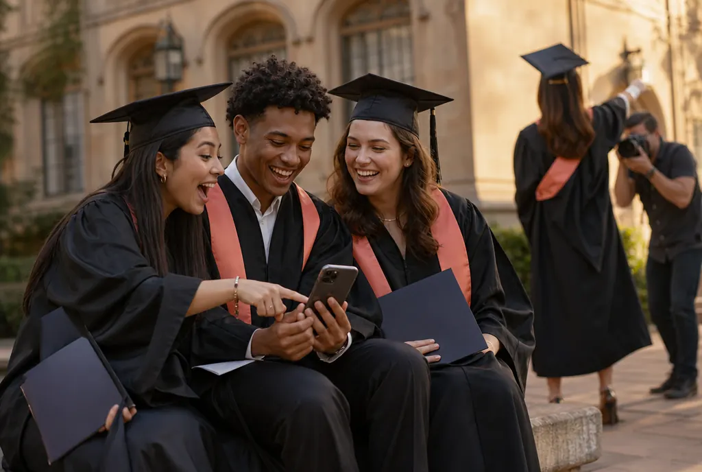 Graduates in caps and gowns laughing at photos on a phone