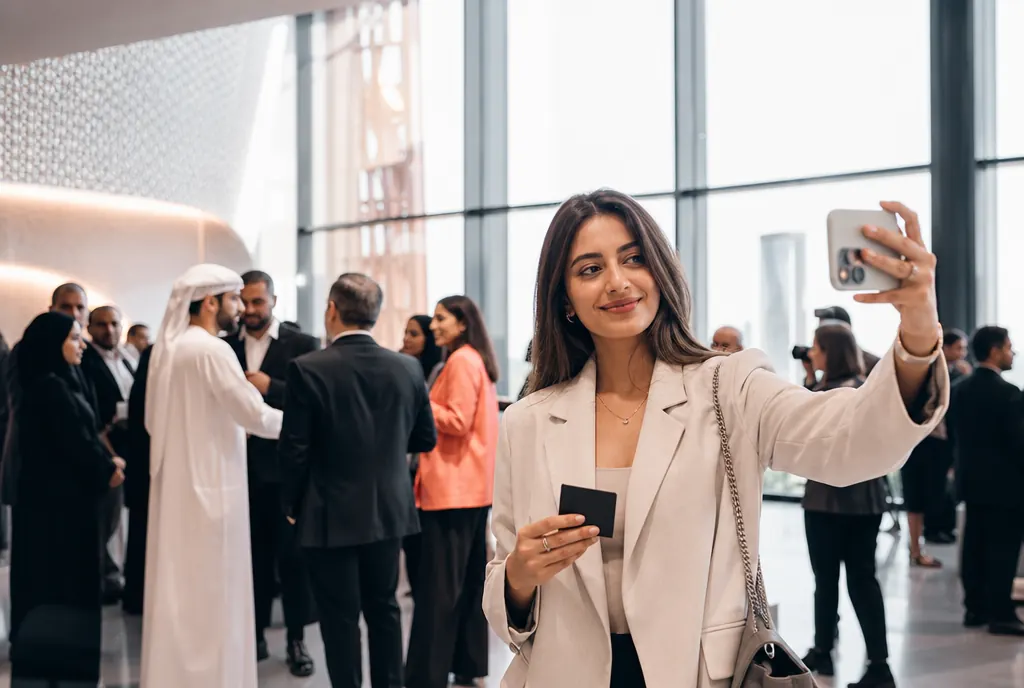 Conference attendee in Dubai taking a selfie at the venue entrance