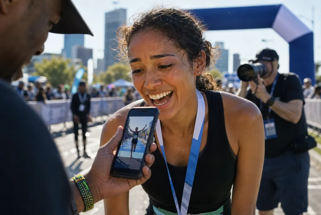 Sports photographer capturing runners at a marathon finish line