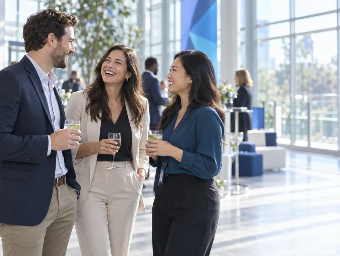 Colleagues laughing over drinks at a corporate reception
