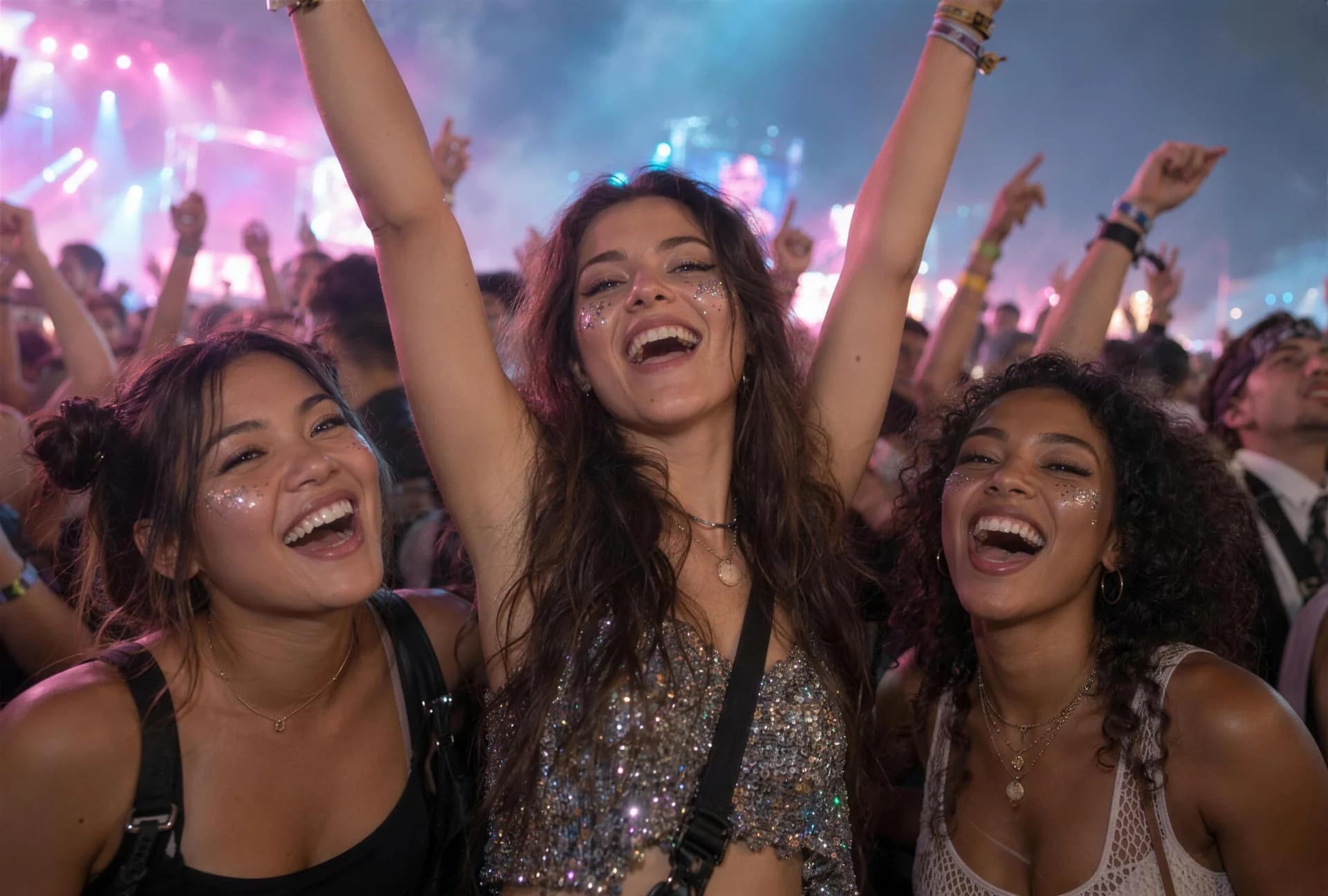 Friends laughing together in a festival crowd