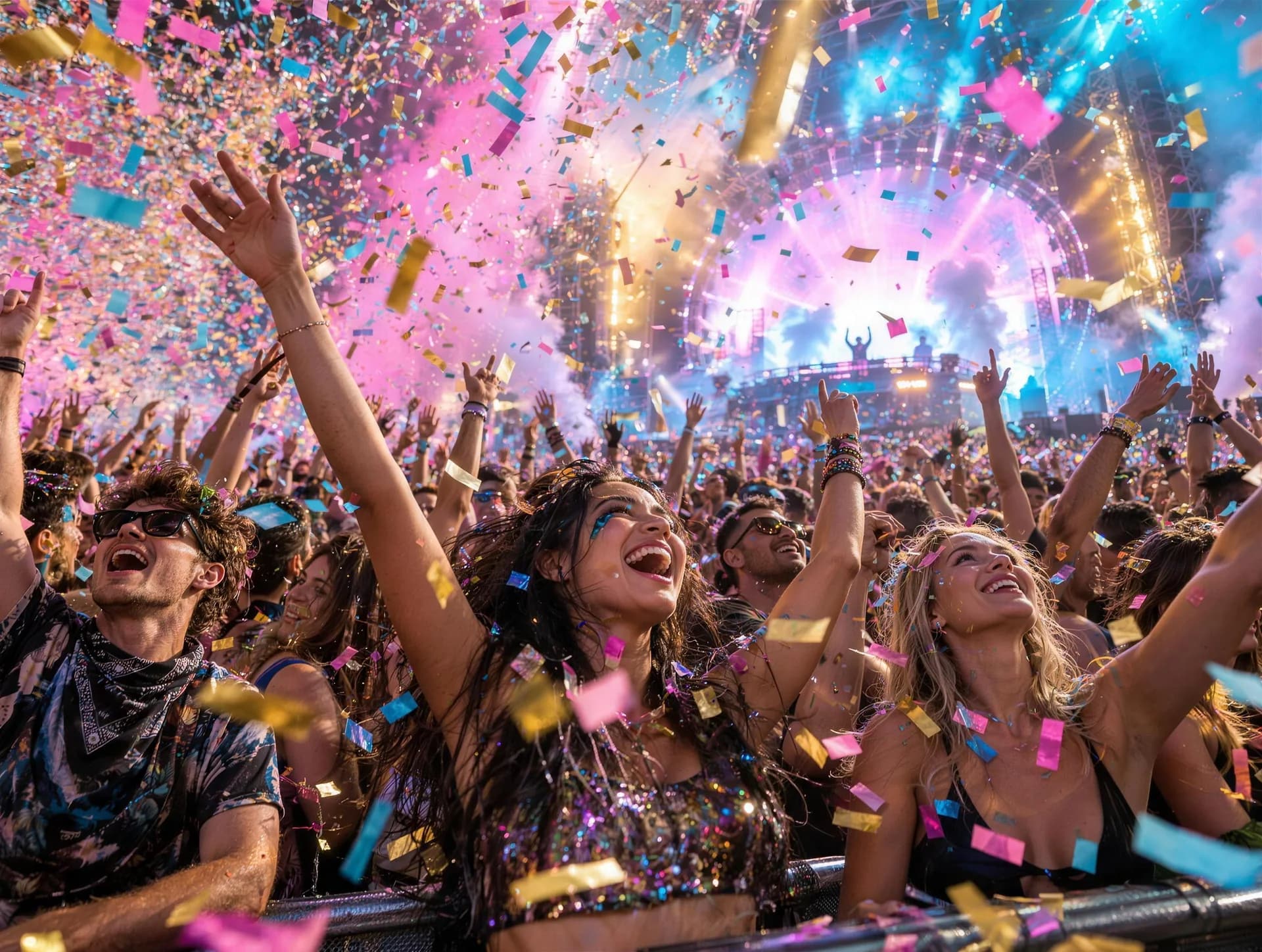 Confetti raining down on a cheering festival crowd