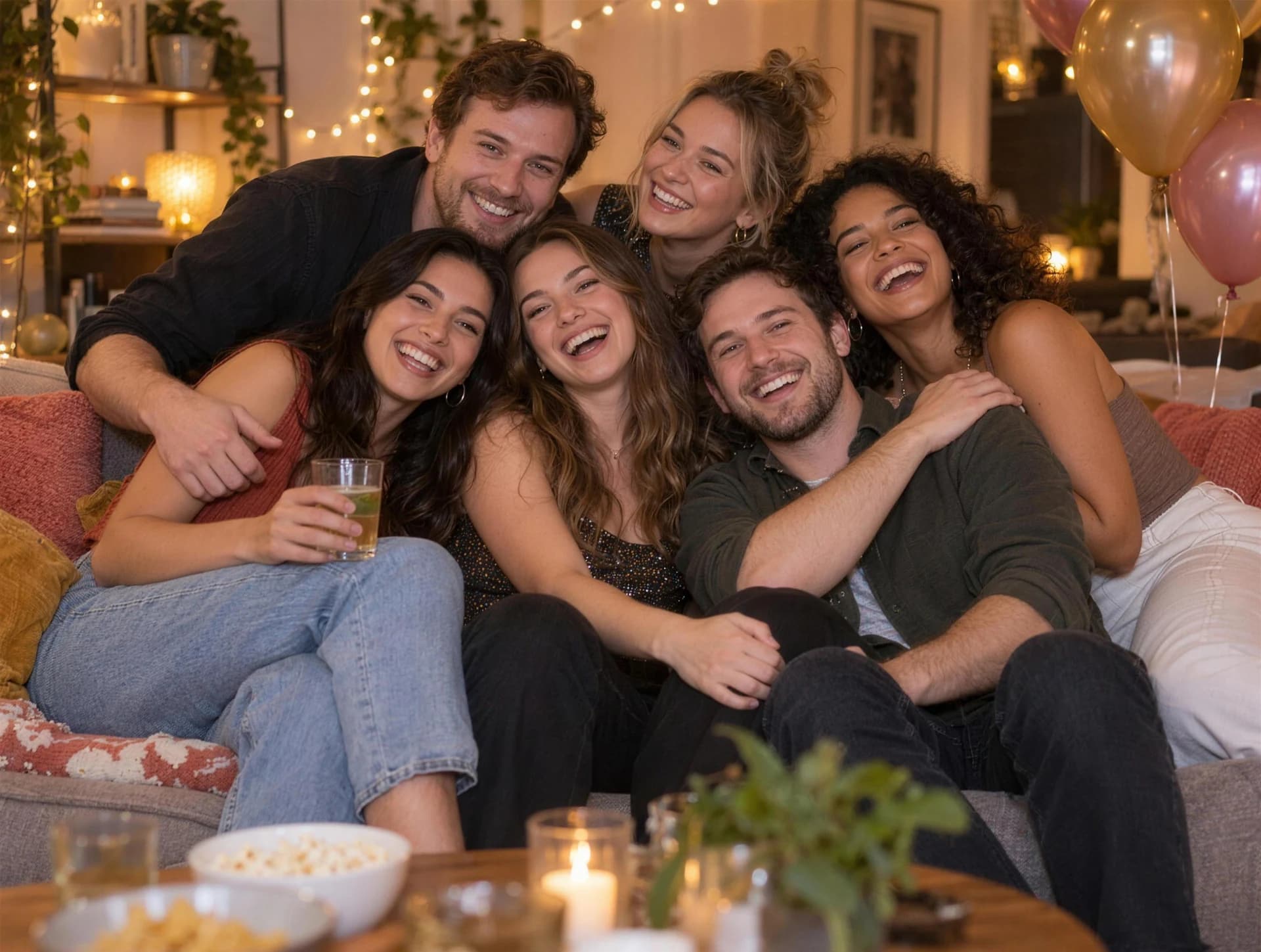Friends taking a group selfie at a party