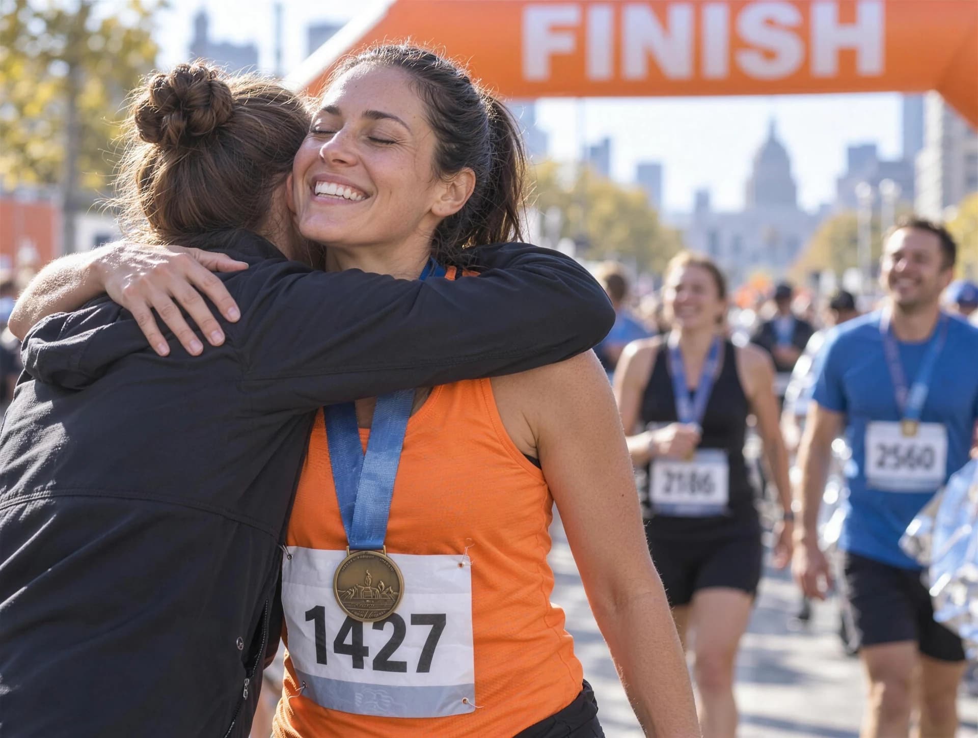 A smiling runner at the finish line with a photographer nearby