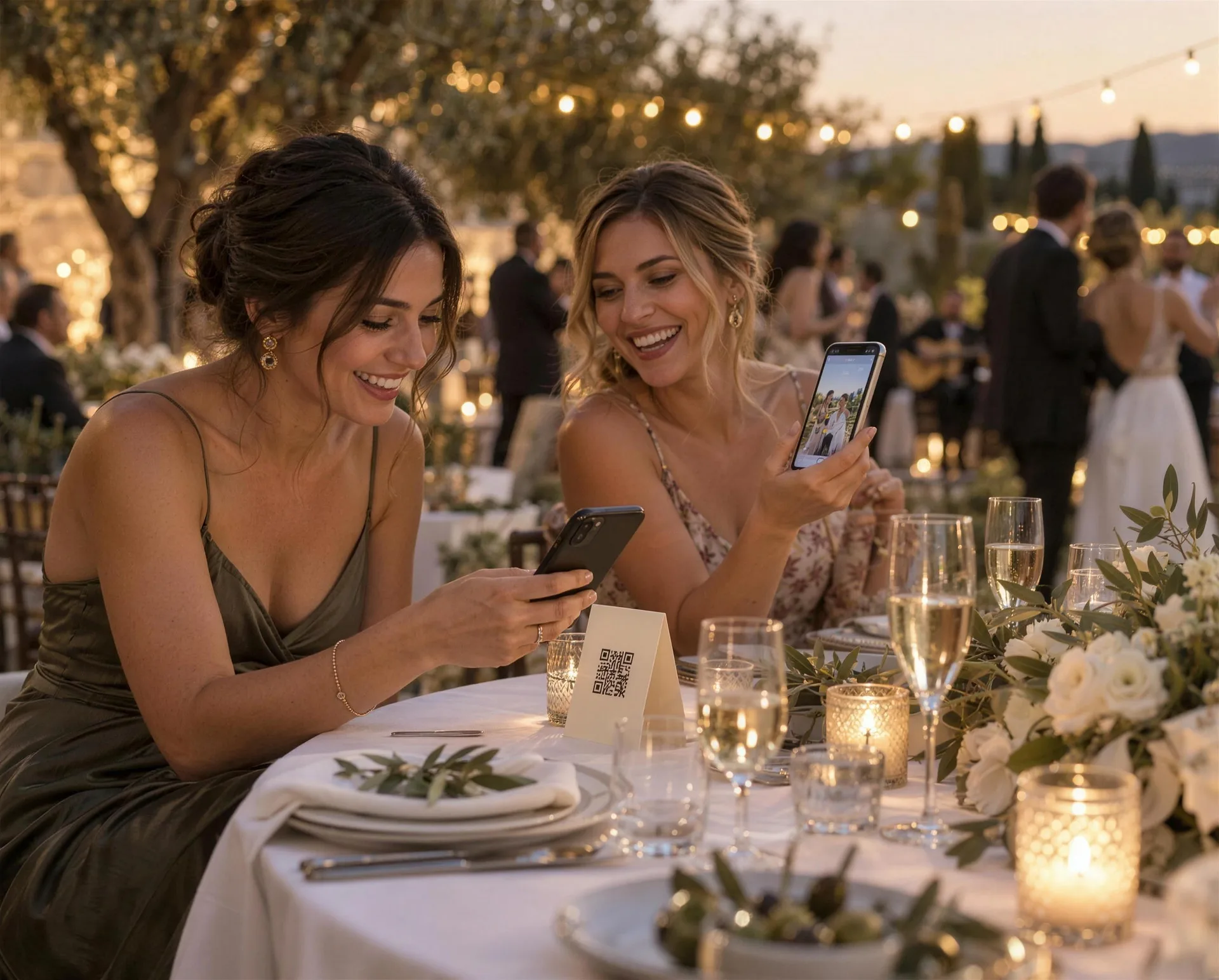 A wedding guest scanning a QR code at the table
