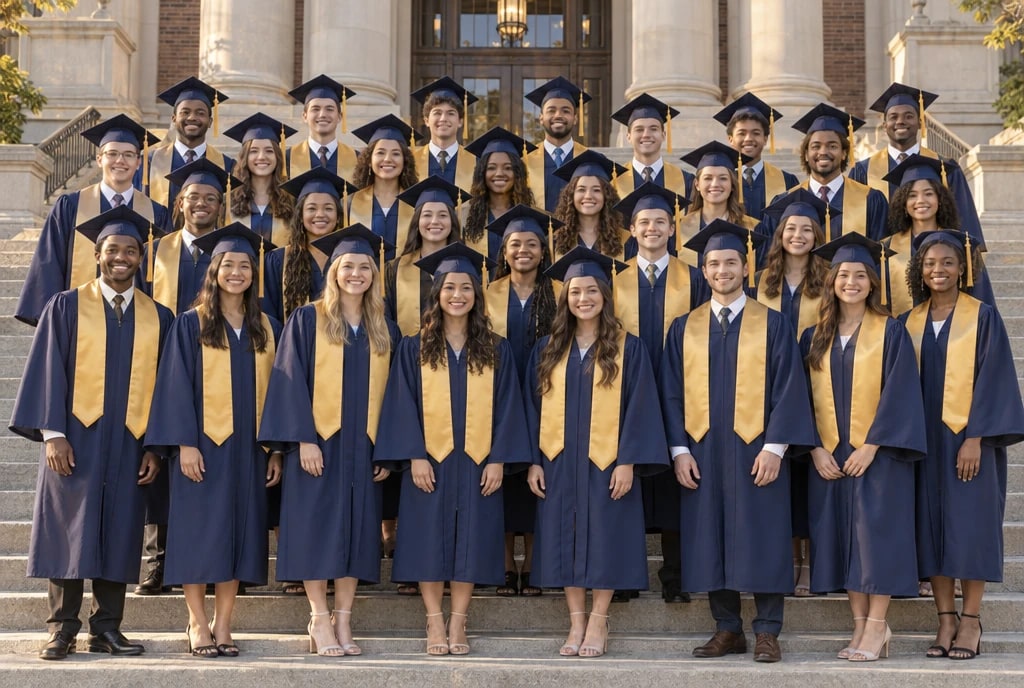 A whole graduating class throwing caps on the lawn