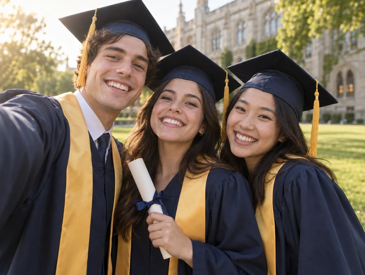 Three graduates looking at their photos on a phone