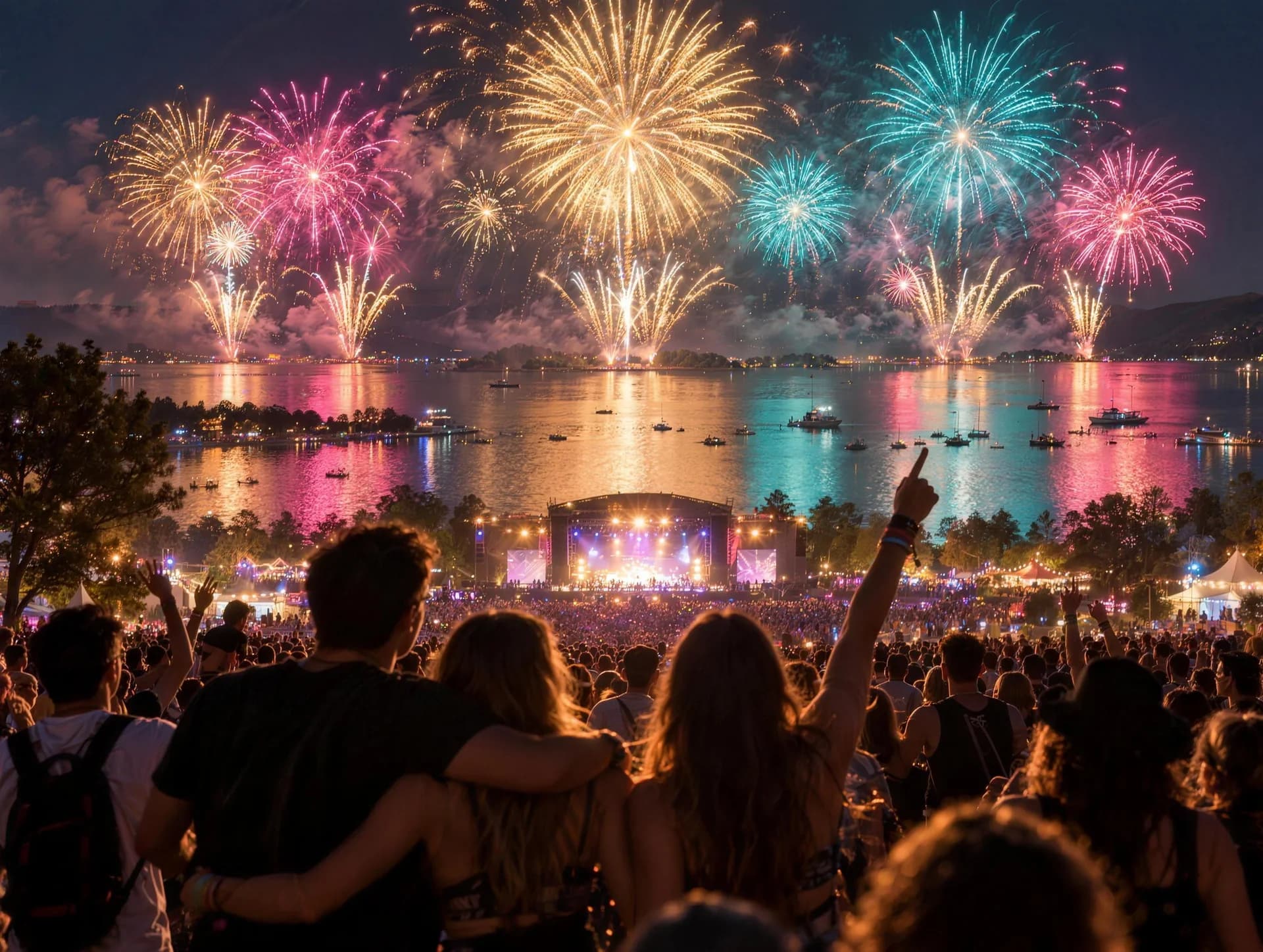 Fireworks bursting over a lake as festival fans watch