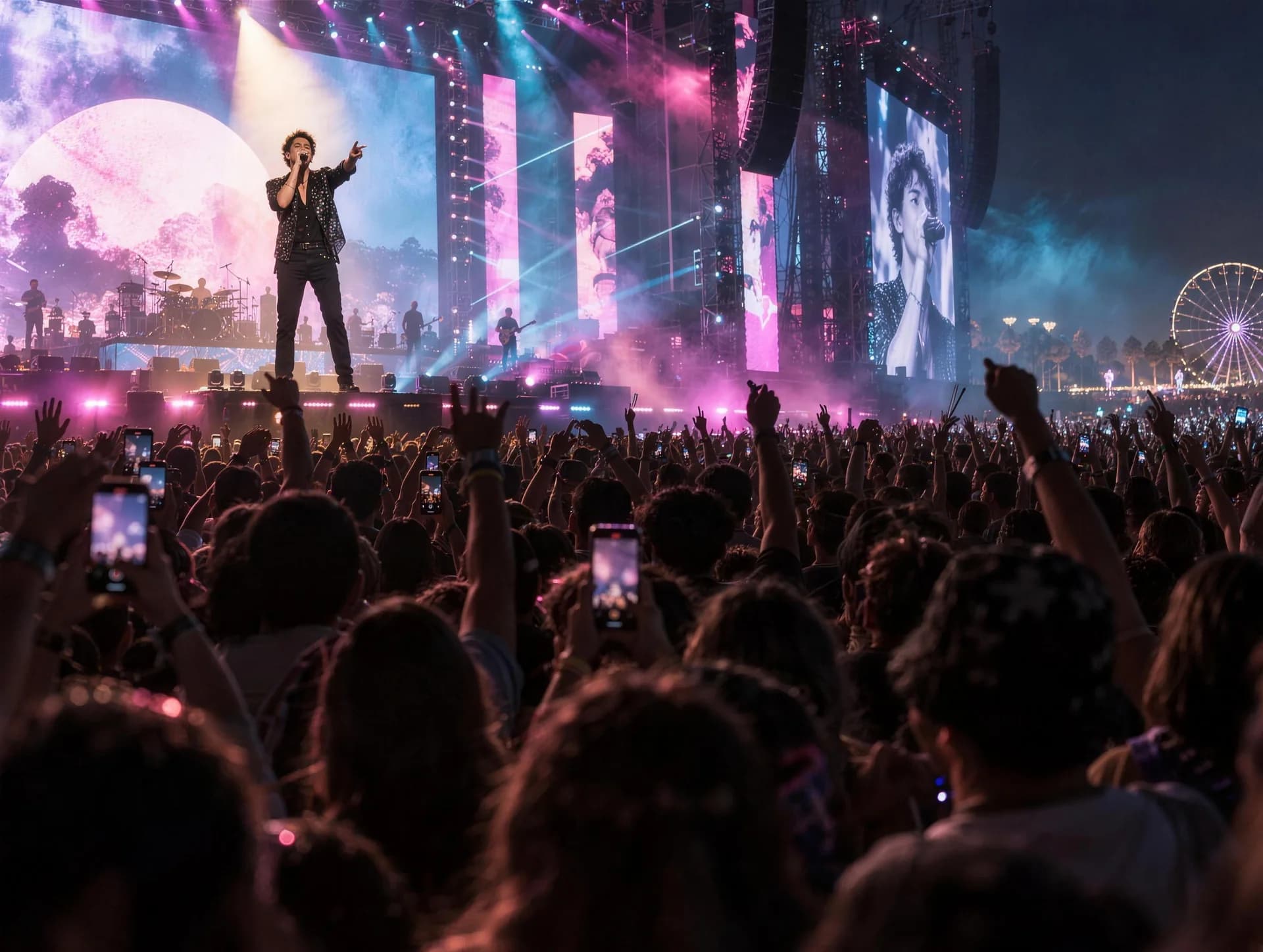 A singer performing on a festival main stage above a cheering crowd