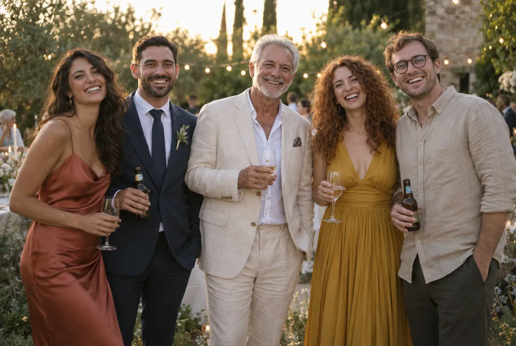 Five wedding guests smiling at the camera