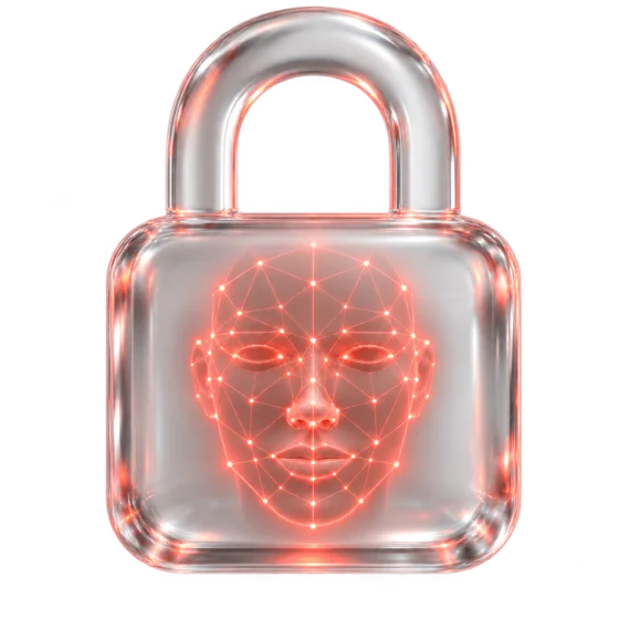A glass padlock with a face outline inside